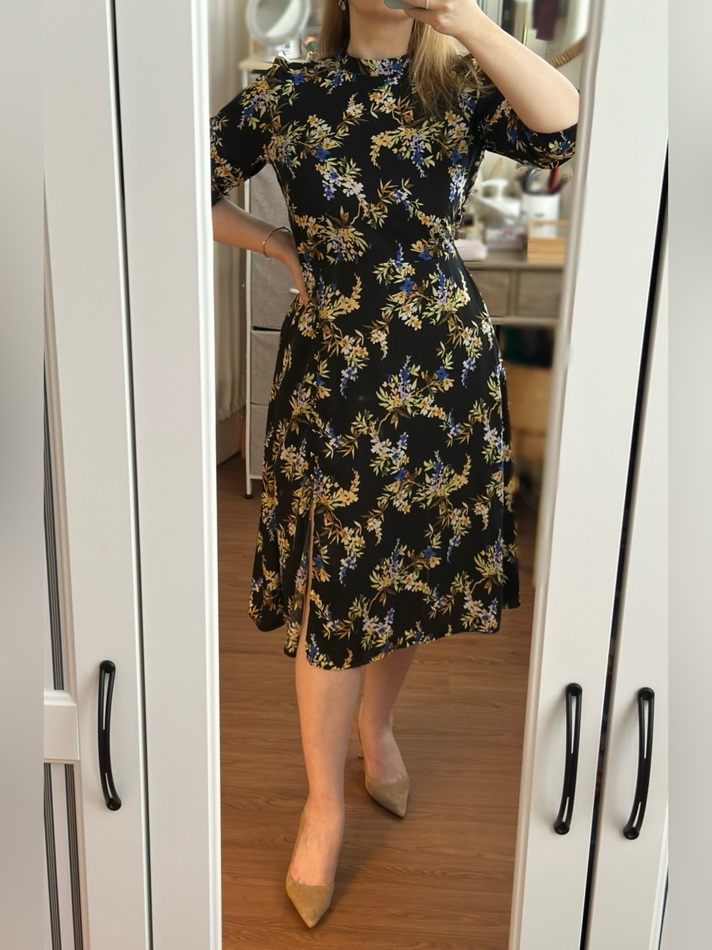 Banana Republic Petite Black Floral Midi Dress Size S Petite